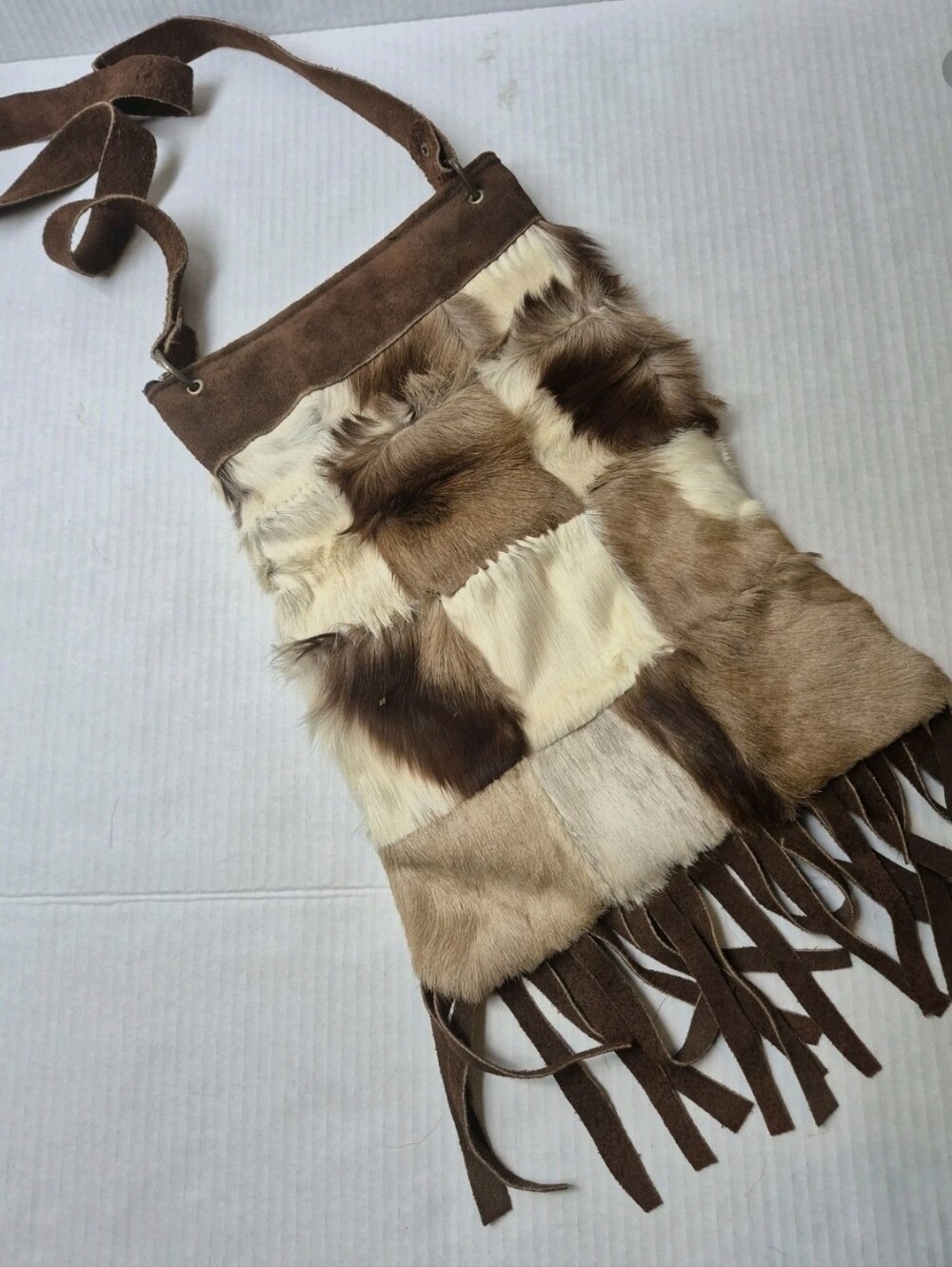 Vintage Real Brown Tan Fur Suede  Springbok Bag Purse Crossbody Hippie Hobo 70s